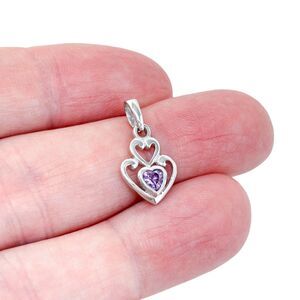 Estate Sterling Silver 925 Double Heart Purple Cubic Zirconia Pendant